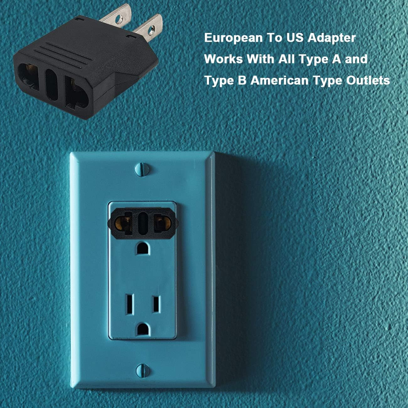 2-Pack Black European to US Plug Adapter, Fireproof Safe EU/Asia to USA/Canada Travel Power Converter