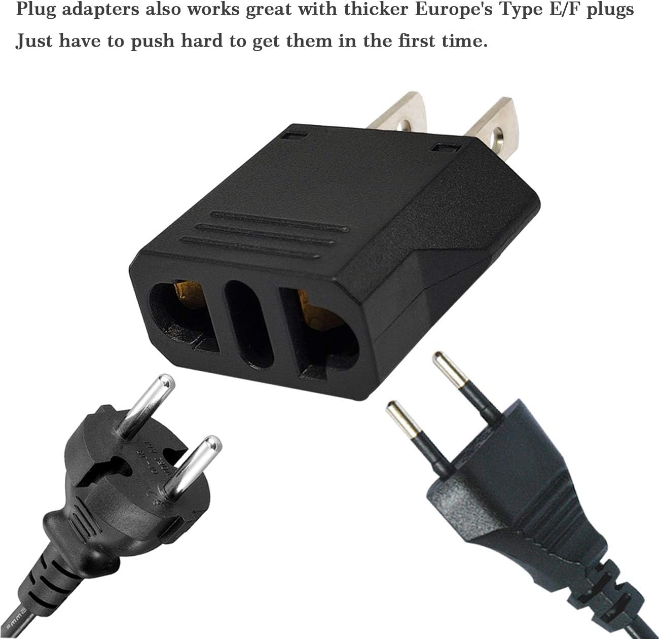 2-Pack Black European to US Plug Adapter, Fireproof Safe EU/Asia to USA/Canada Travel Power Converter