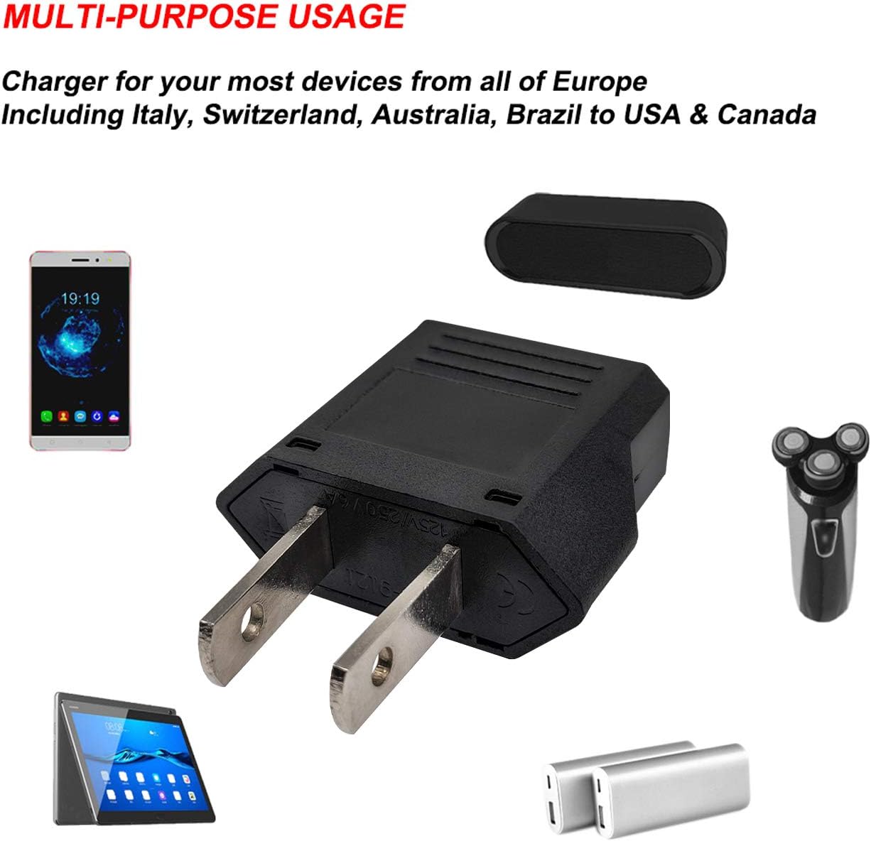 2-Pack Black European to US Plug Adapter, Fireproof Safe EU/Asia to USA/Canada Travel Power Converter