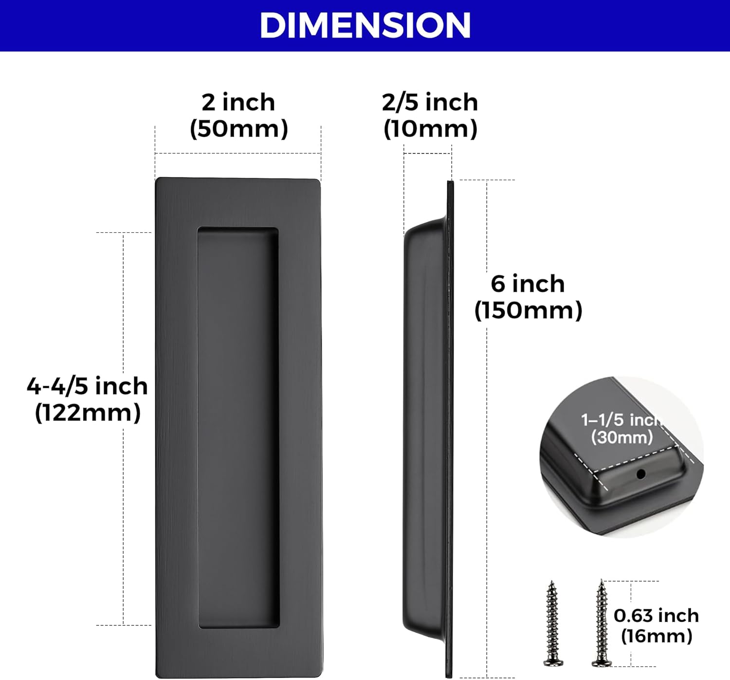 2 Pack Black Flush Barn Door Pulls for Sliding Closet Doors - 5.9" Rectangular Recessed Pocket Door Handles - WildKart