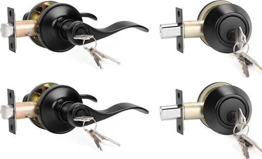 2 Pack Black Front Door Entry Lever Lockset with Single Cylinder Deadbolt - Keyed Alike Exterior Handle Lock Set