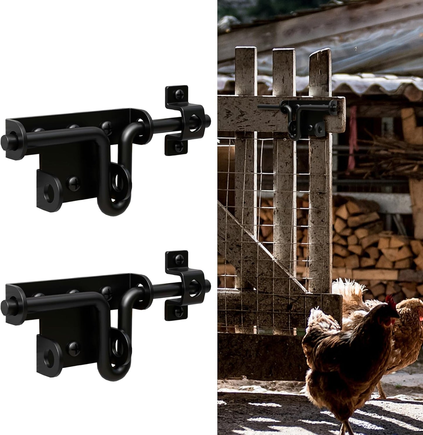 2 Pack Black Heavy Duty Slide Bolt Gate Latch with Padlock Hole for Wooden Fence Shed Door