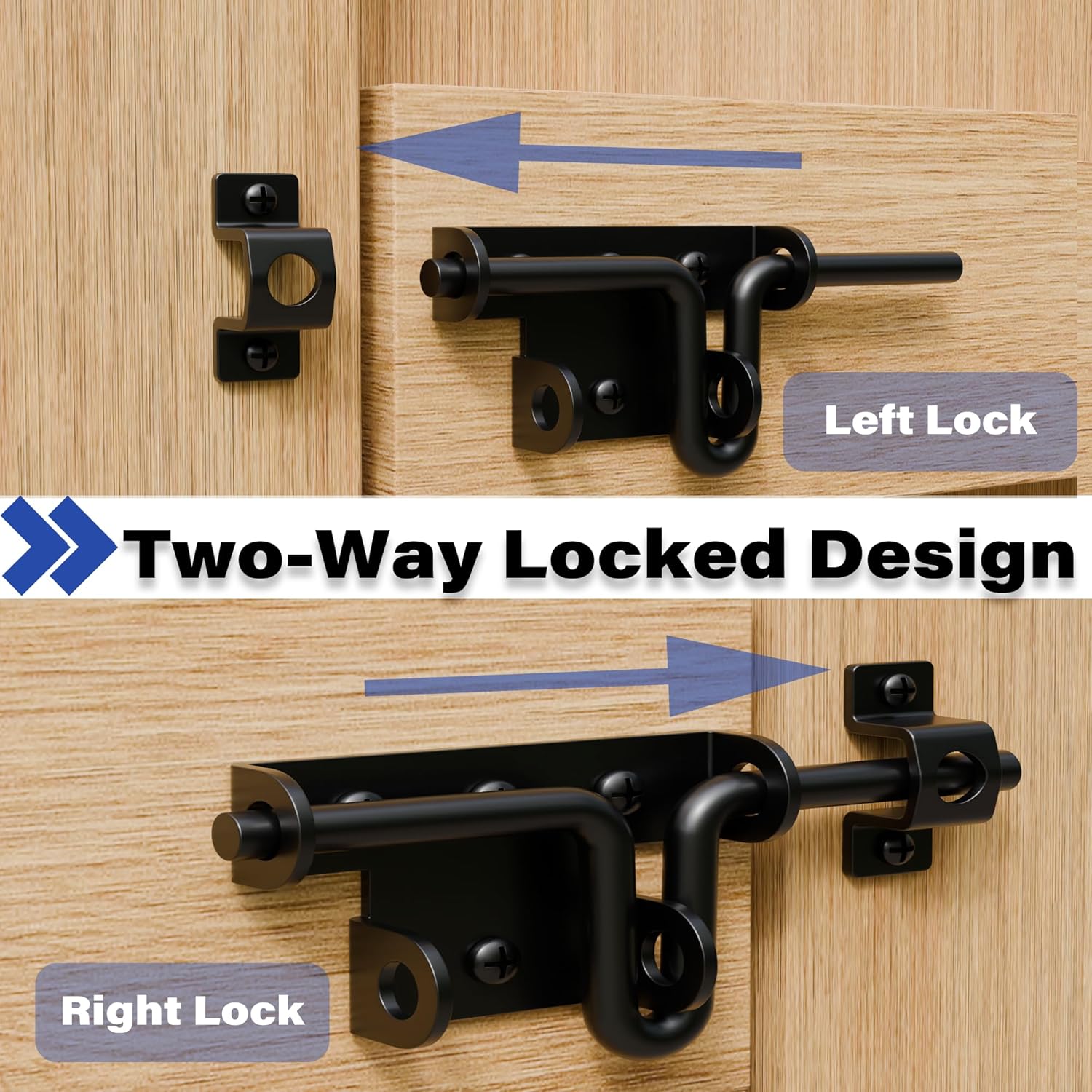 2 Pack Black Heavy Duty Slide Bolt Gate Latch with Padlock Hole for Wooden Fence Shed Door