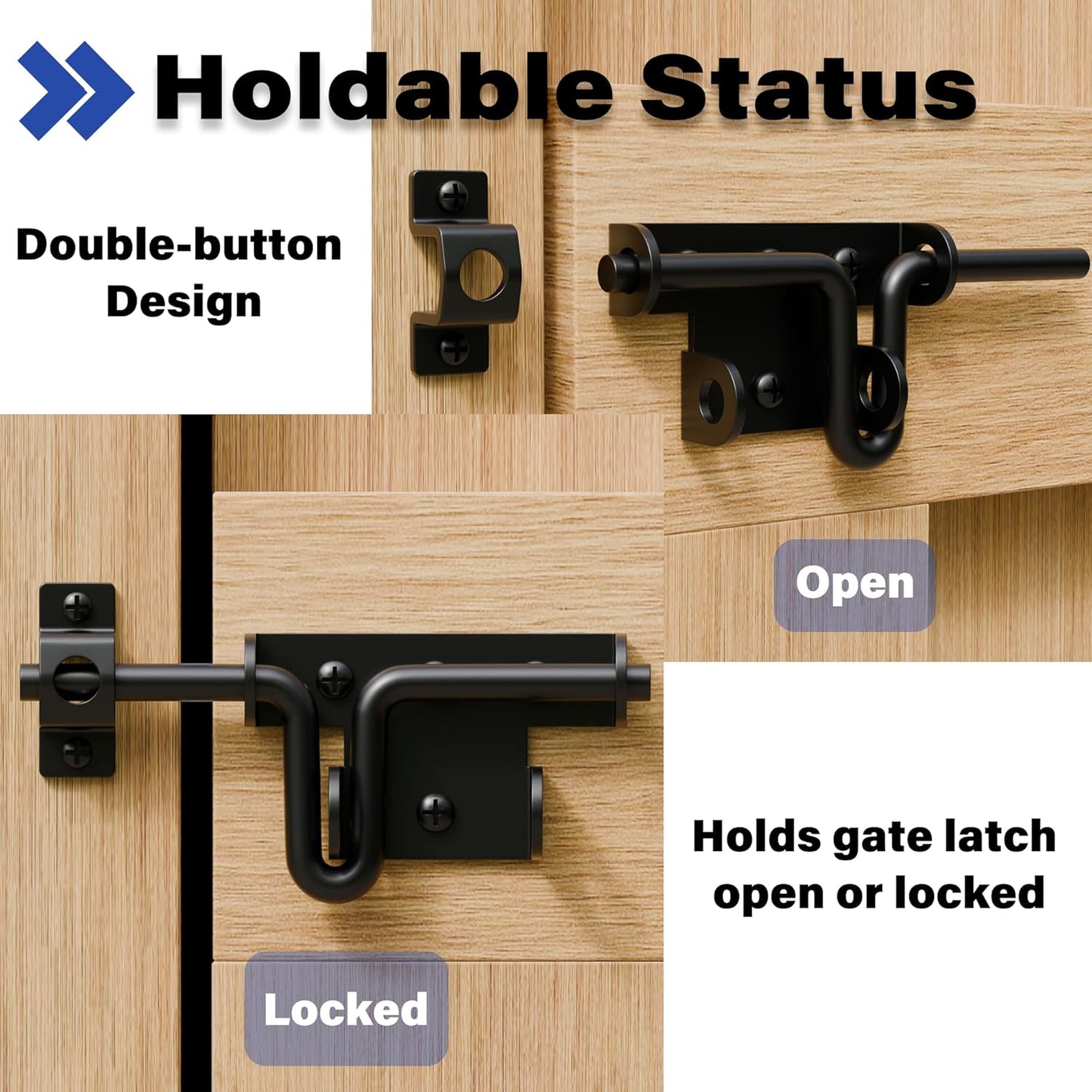 2 Pack Black Heavy Duty Slide Bolt Gate Latch with Padlock Hole for Wooden Fence Shed Door