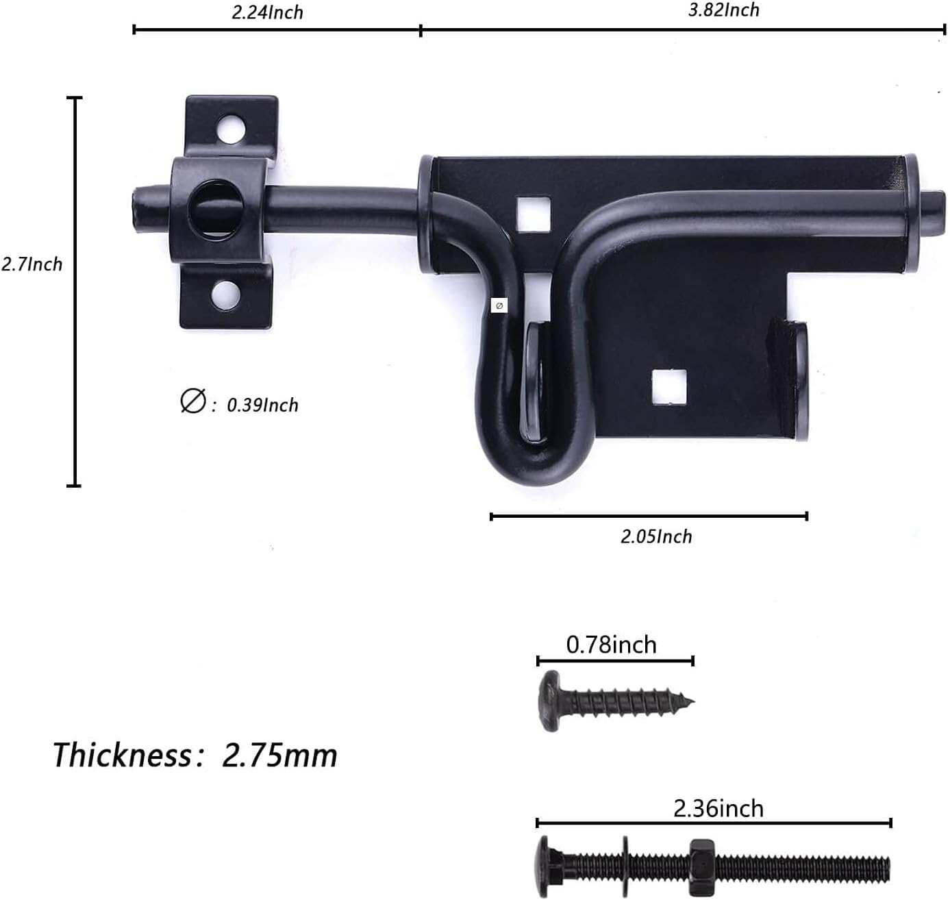 2 Pack Black Heavy Duty Sliding Bolt Gate Latch with Padlock Hole for Wooden Fence/Shed/Barn Door - Durable Metal Hardware for Interior and Exterior Use