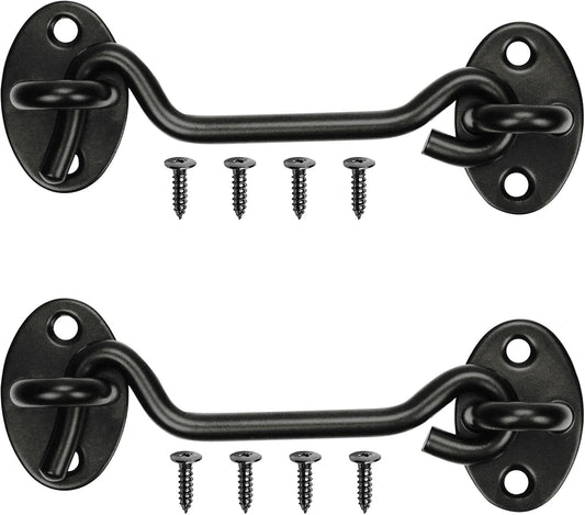 2 Pack Black Hook Lock for Doors, 4 Inch Barn Door Latch with Screws - Gate Latches for Fence, Outdoor Window, Cabinet, Bathroom