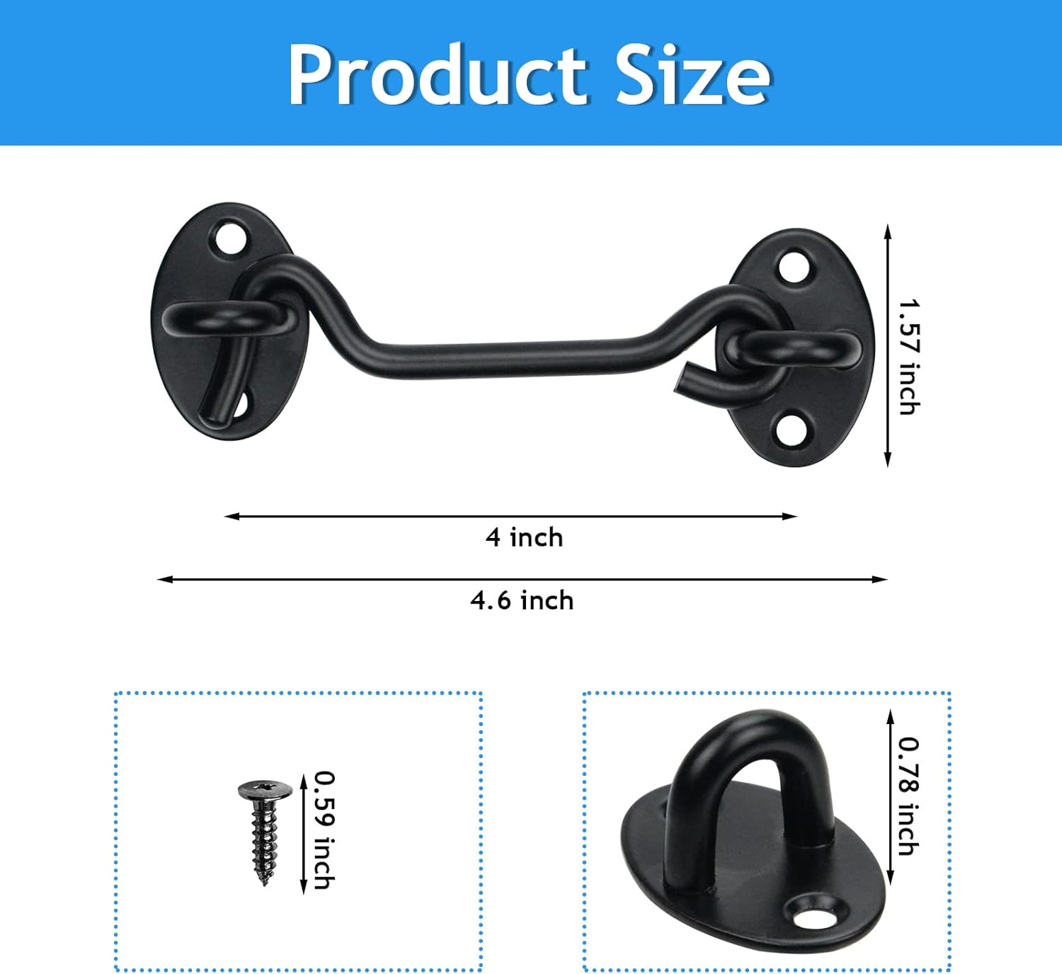 2 Pack Black Hook Lock for Doors, 4 Inch Barn Door Latch with Screws - Gate Latches for Fence, Outdoor Window, Cabinet, Bathroom