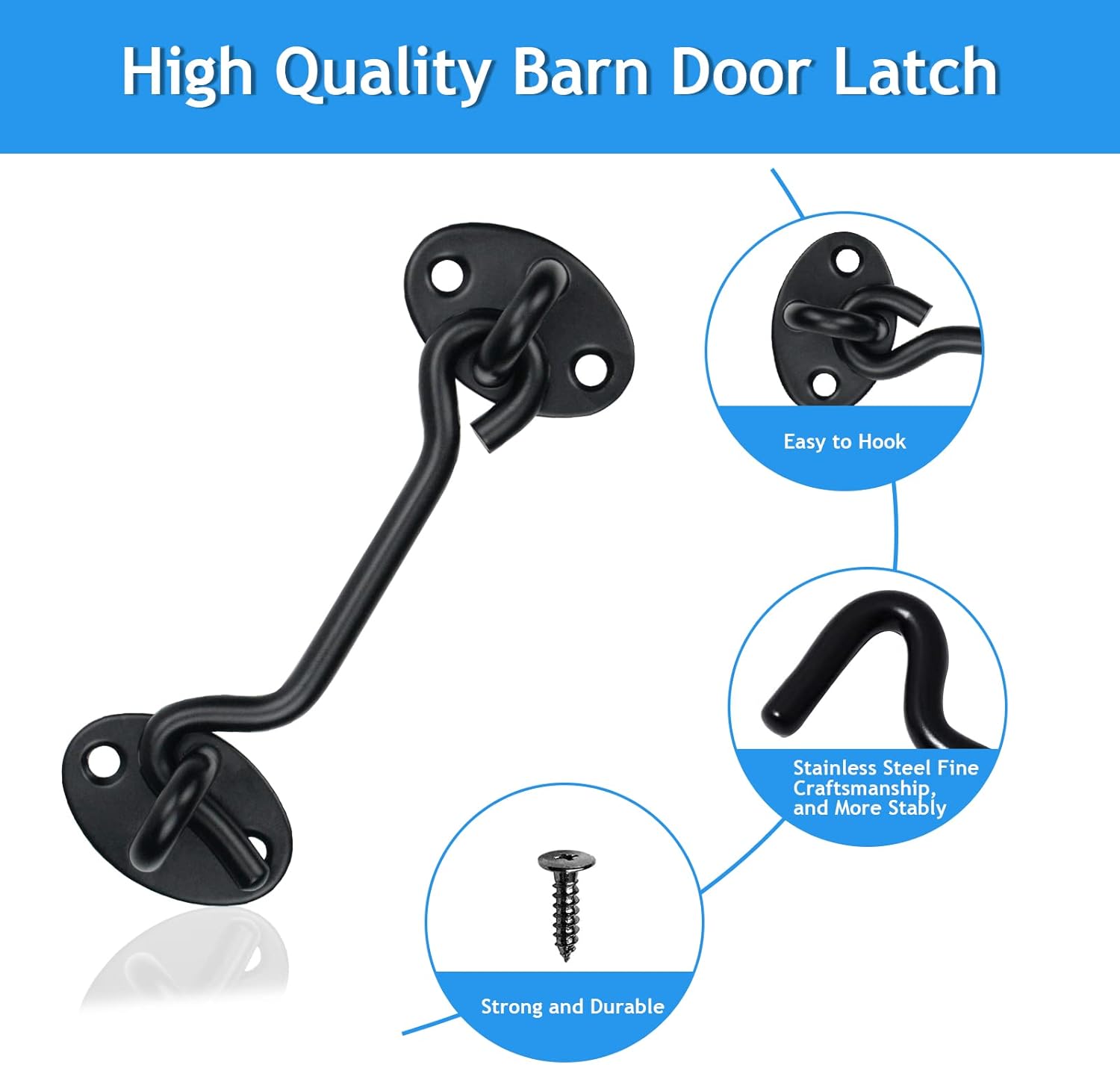 2 Pack Black Hook Lock for Doors, 4 Inch Barn Door Latch with Screws - Gate Latches for Fence, Outdoor Window, Cabinet, Bathroom