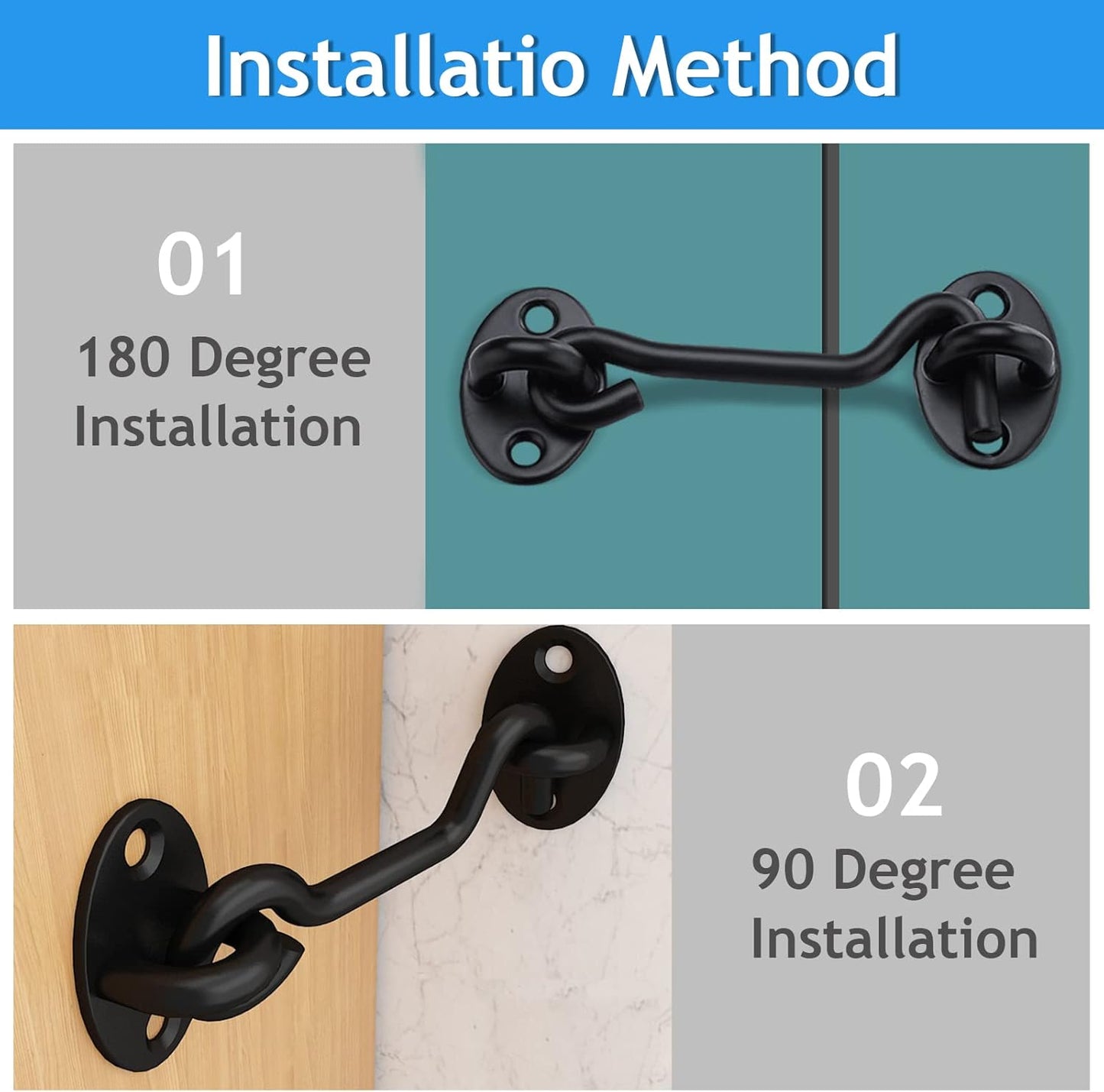 2 Pack Black Hook Lock for Doors, 4 Inch Barn Door Latch with Screws - Gate Latches for Fence, Outdoor Window, Cabinet, Bathroom