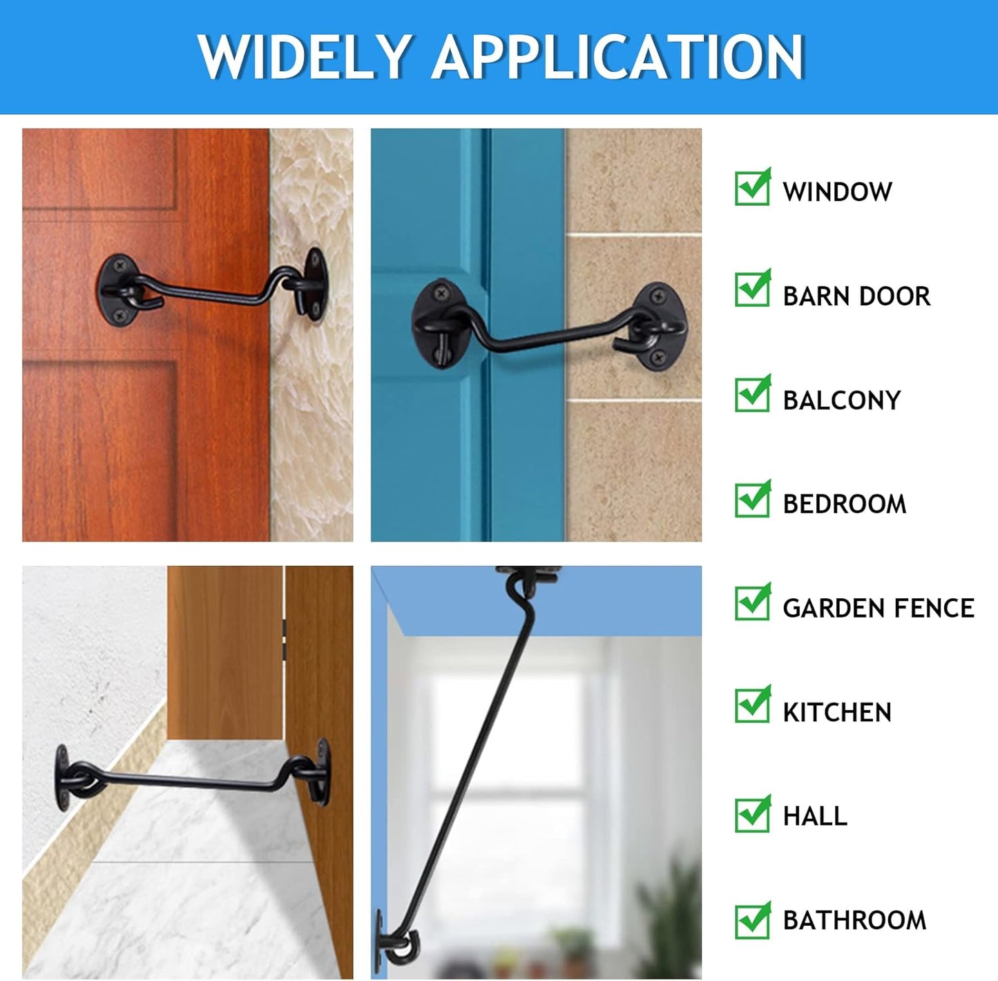 2 Pack Black Hook Lock for Doors, 4 Inch Barn Door Latch with Screws - Gate Latches for Fence, Outdoor Window, Cabinet, Bathroom