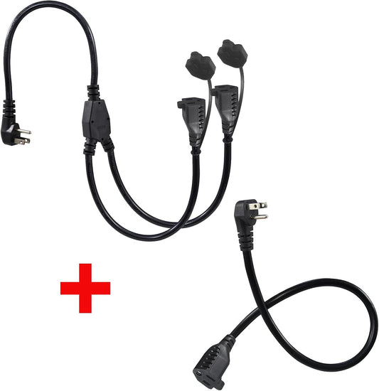 2-Pack Black Outdoor Extension Cord Set with 90-Degree Flat Plug - 2FT and 1.5FT Splitter Extension Cords