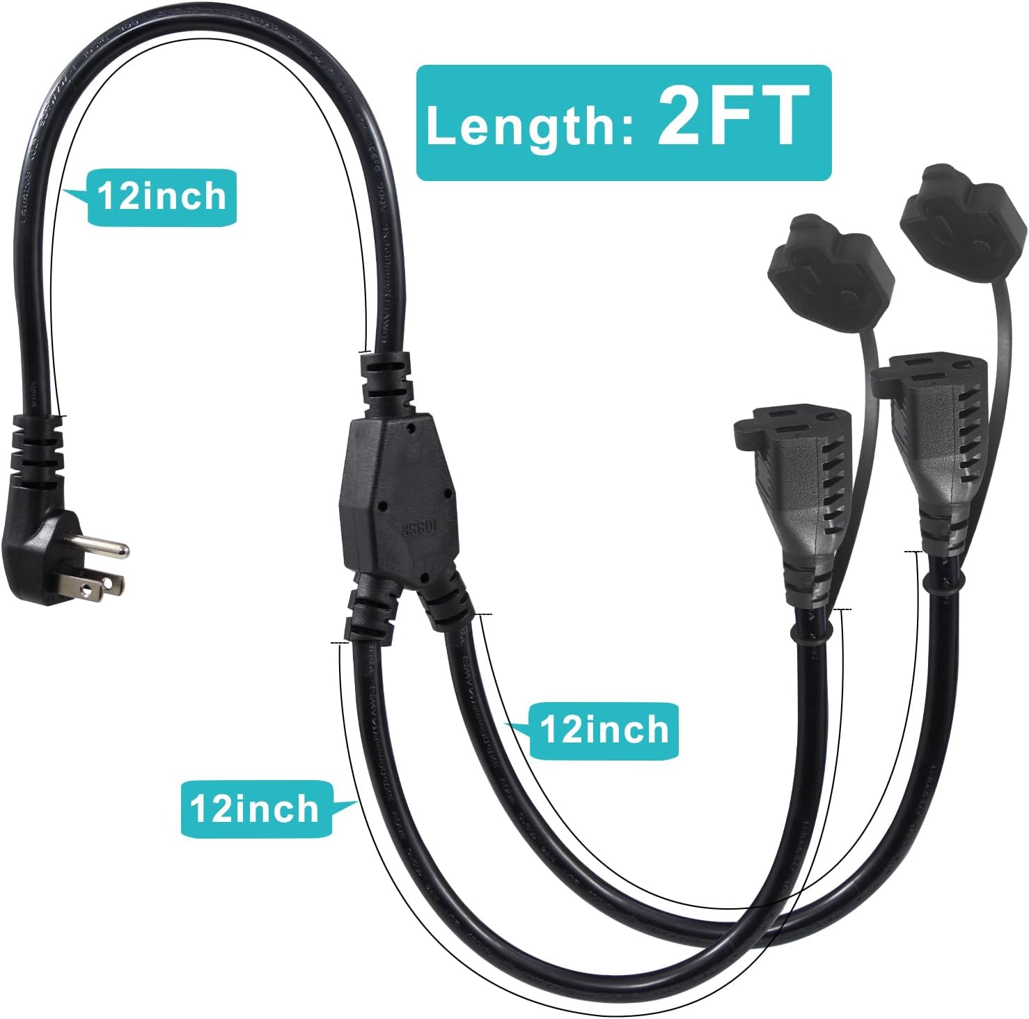 2-Pack Black Outdoor Extension Cord Set with 90-Degree Flat Plug - 2FT and 1.5FT Splitter Extension Cords