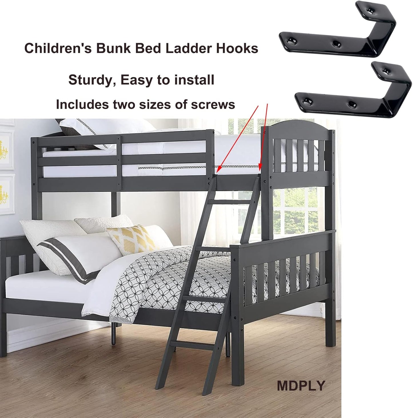 2 Pack Black PVC Metal Bunk Bed Ladder Hooks with Replacement Hardware for Kids, Camper/RV, Loft Beds - Includes 2 Size Screws