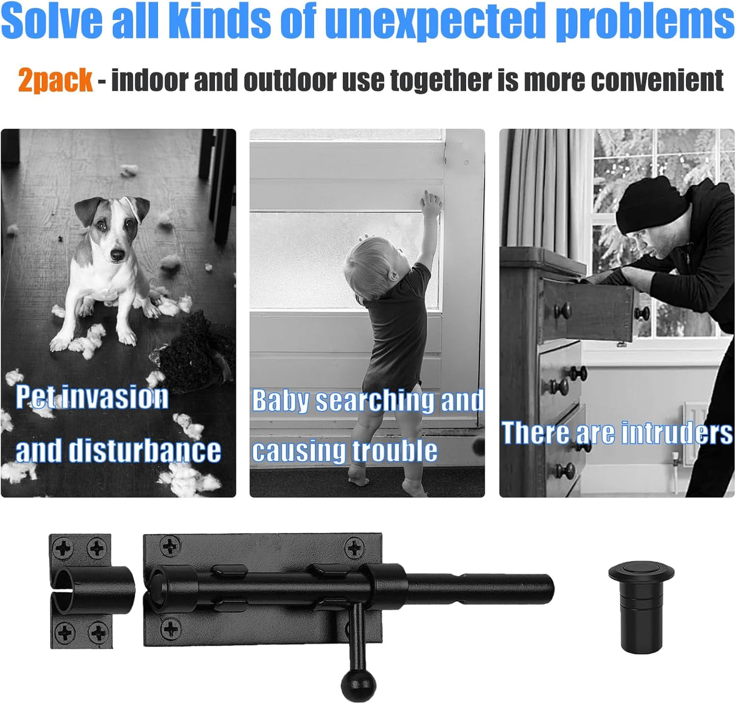 2-Pack Black Stainless Steel Sliding Bolt Locks - Ideal for Fences, Bathroom Doors, Barn Doors - Indoor/Outdoor