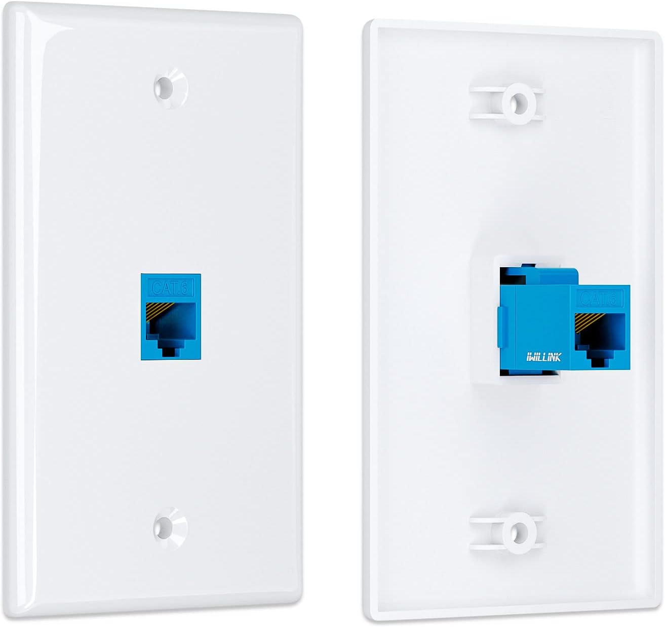 (2-Pack) Blue Cat6 Ethernet Wall Plate with 1-Port Keystone Jack and RJ45 Coupler - Female to Female Connectivity