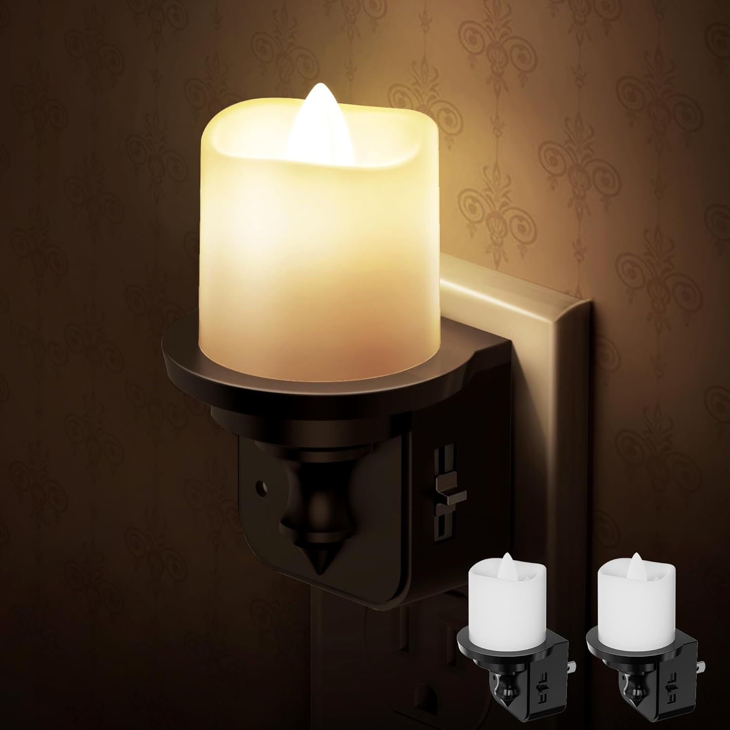 2 Pack Briignite Flameless Candle Night Lights with Light Sensor - Plug-in LED Nightlights for Kids Bathroom Hallway - Dimmable Soft White Glow, 0-100LM - Wall Plug Night Light