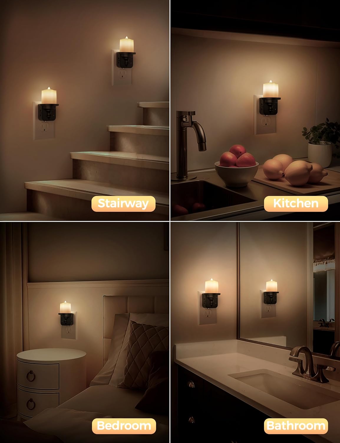 2 Pack Briignite Flameless Candle Night Lights with Light Sensor - Plug-in LED Nightlights for Kids Bathroom Hallway - Dimmable Soft White Glow, 0-100LM - Wall Plug Night Light