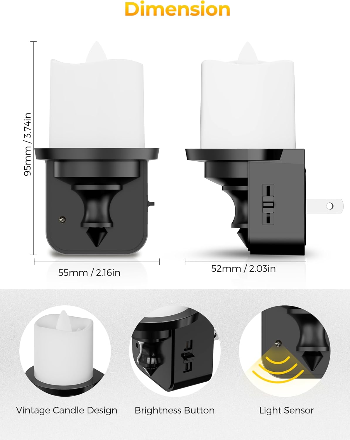 2 Pack Briignite Flameless Candle Night Lights with Light Sensor - Plug-in LED Nightlights for Kids Bathroom Hallway - Dimmable Soft White Glow, 0-100LM - Wall Plug Night Light