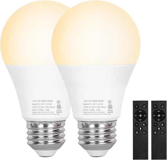 2-Pack Brilvibera Remote Control Dimmable LED Light Bulbs, A19 2700K-6000K, 805 LM, E26 Base, 25000+ Hours Lifespan - Ideal for Pendant, Table, Floor Lamps