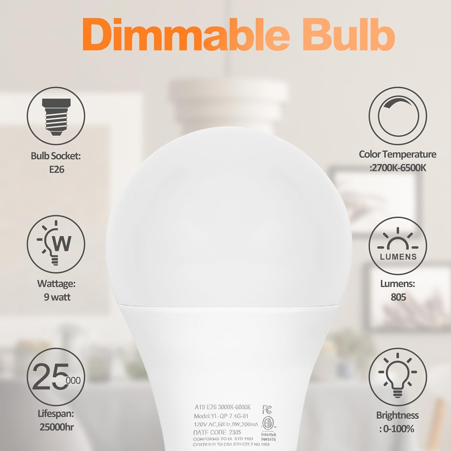 2-Pack Brilvibera Remote Control Dimmable LED Light Bulbs, A19 2700K-6000K, 805 LM, E26 Base, 25000+ Hours Lifespan - Ideal for Pendant, Table, Floor Lamps