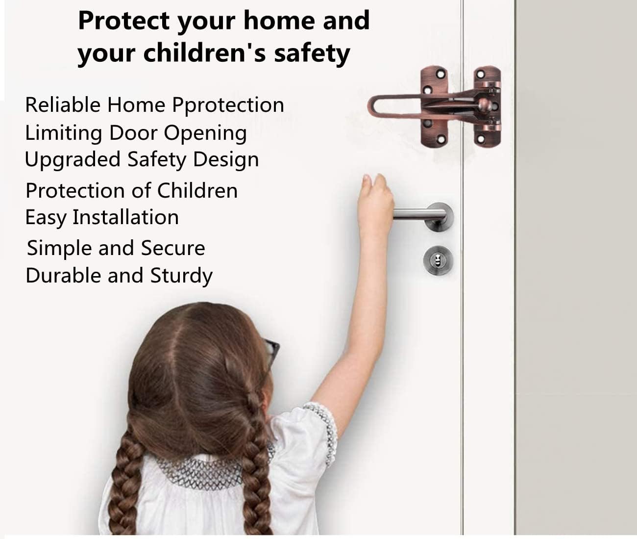 2 Pack Bronze Red Home Security Door Locks for Kids, Swing Bar Lock for Front Doors, Solid Latch Guard Clasp for Reinforcement