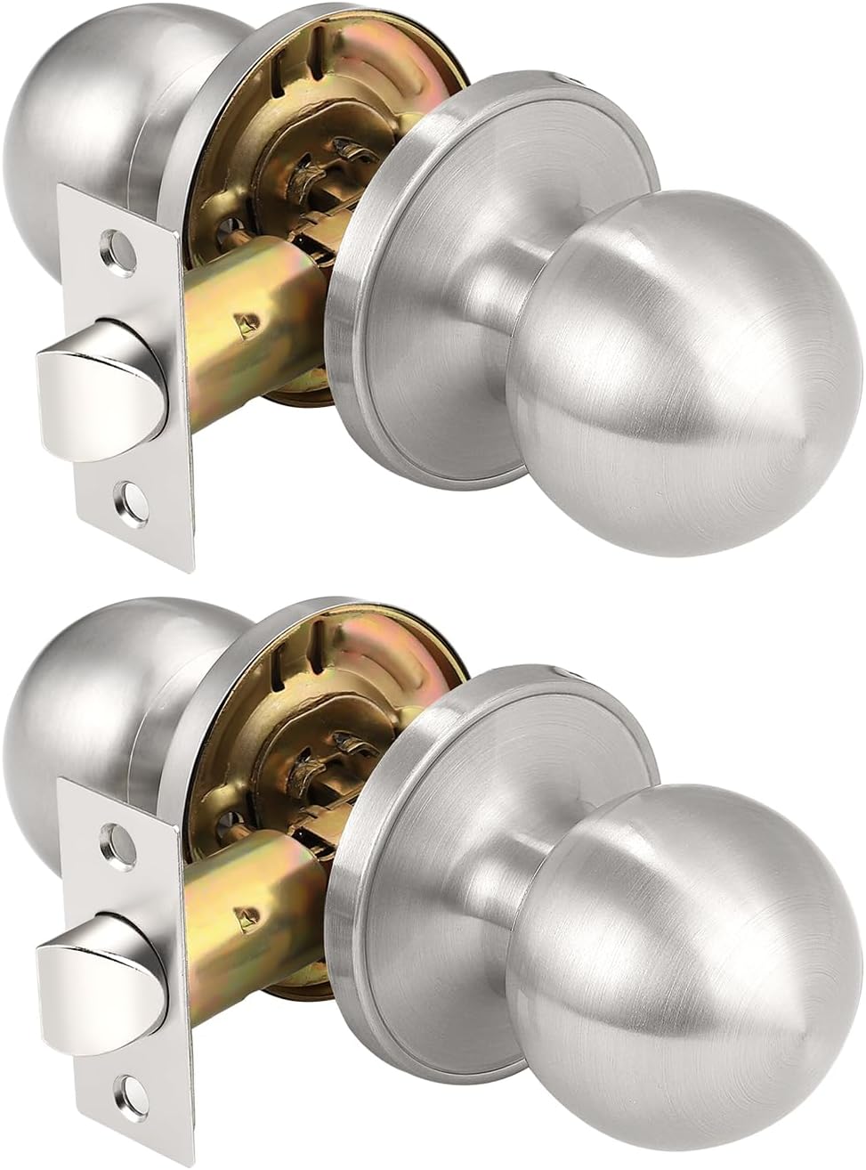 2 Pack Brushed Nickel Passage Door Knobs for Hallway Closets - Round Ball Shape, Keyless Satin Nickel Interior Knobs