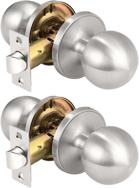 2 Pack Brushed Nickel Passage Door Knobs for Hallway Closets - Round Ball Shape, Keyless Satin Nickel Interior Knobs