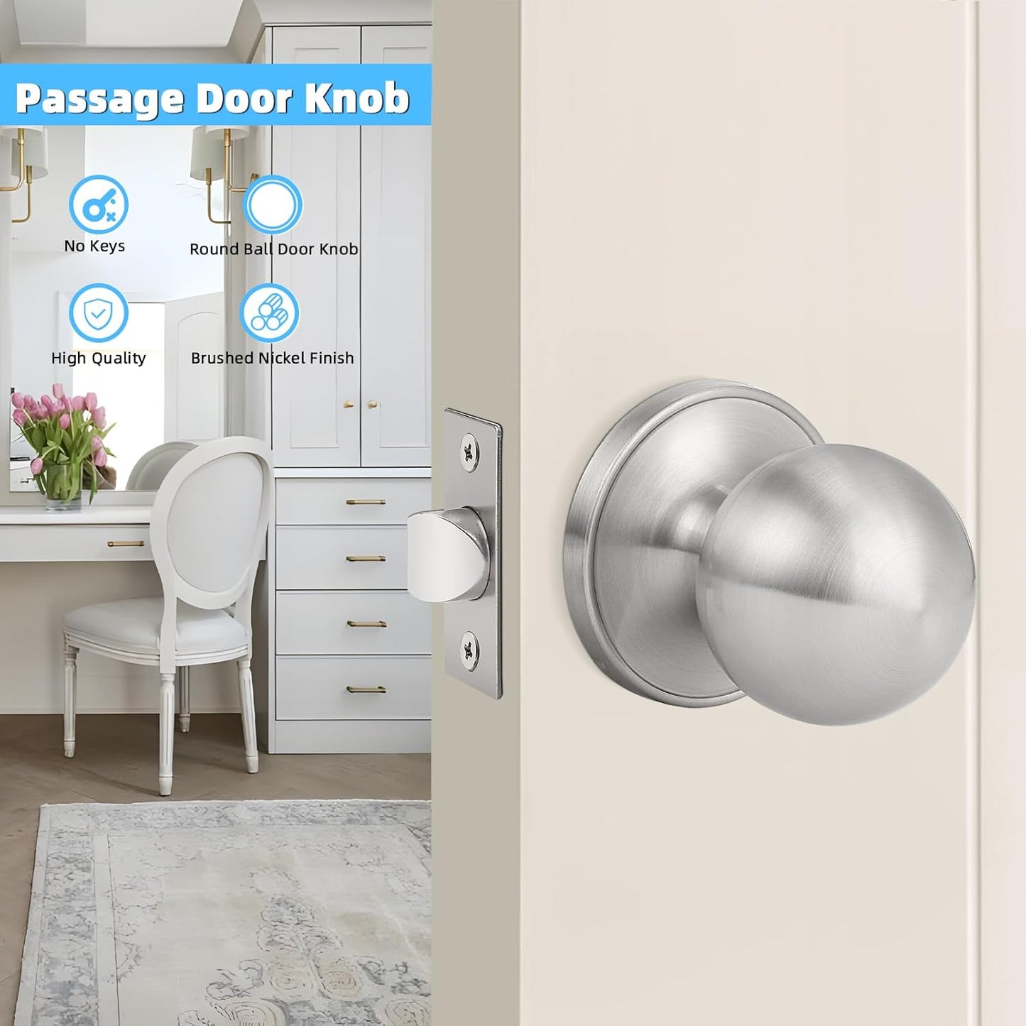 2 Pack Brushed Nickel Passage Door Knobs for Hallway Closets - Round Ball Shape, Keyless Satin Nickel Interior Knobs