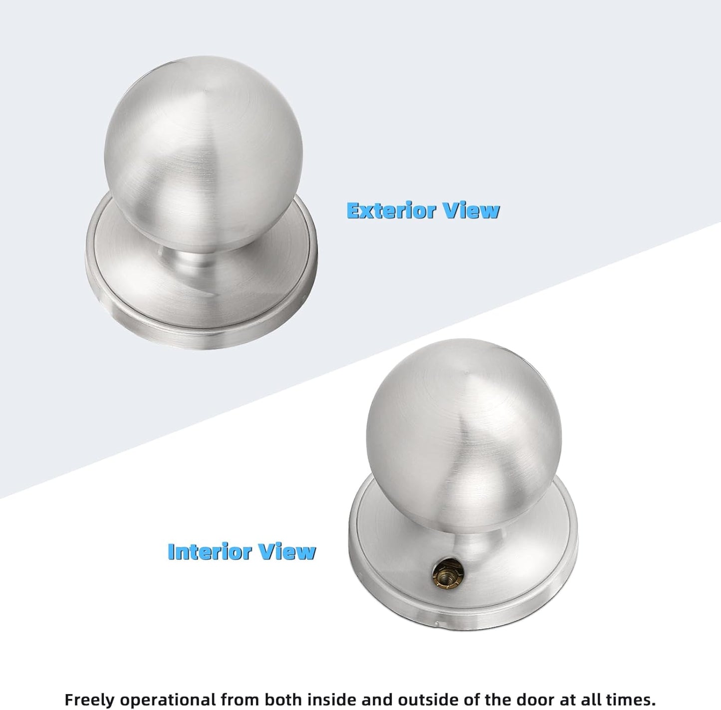 2 Pack Brushed Nickel Passage Door Knobs for Hallway Closets - Round Ball Shape, Keyless Satin Nickel Interior Knobs