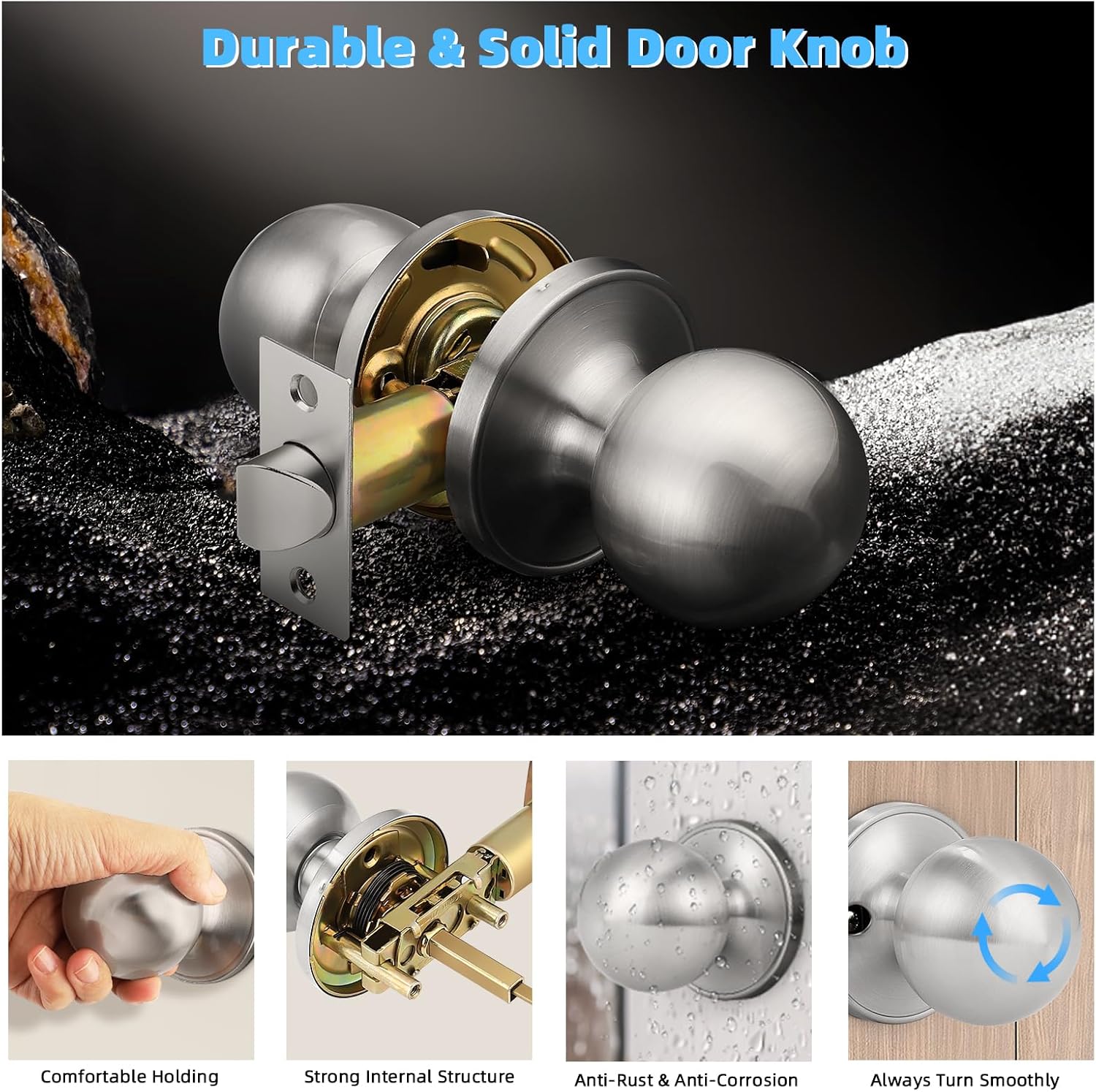 2 Pack Brushed Nickel Passage Door Knobs for Hallway Closets - Round Ball Shape, Keyless Satin Nickel Interior Knobs