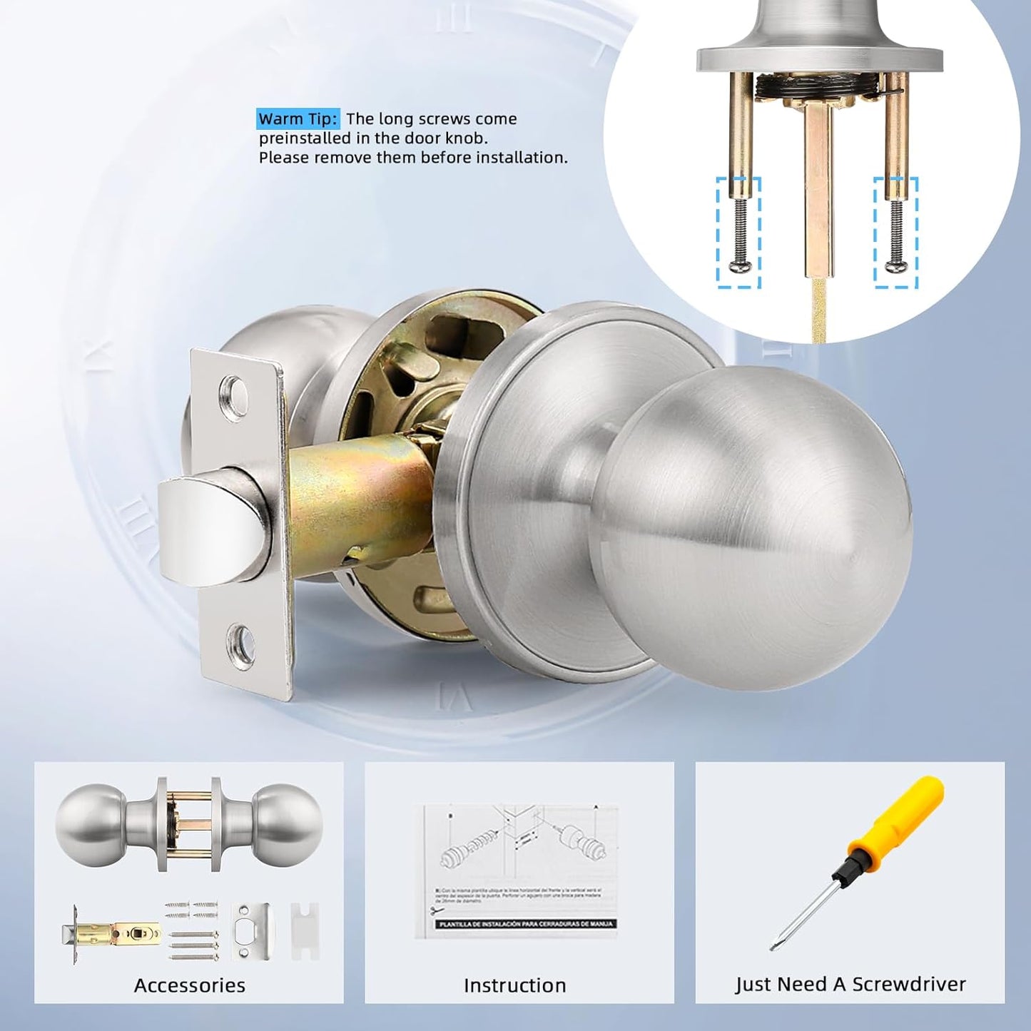 2 Pack Brushed Nickel Passage Door Knobs for Hallway Closets - Round Ball Shape, Keyless Satin Nickel Interior Knobs