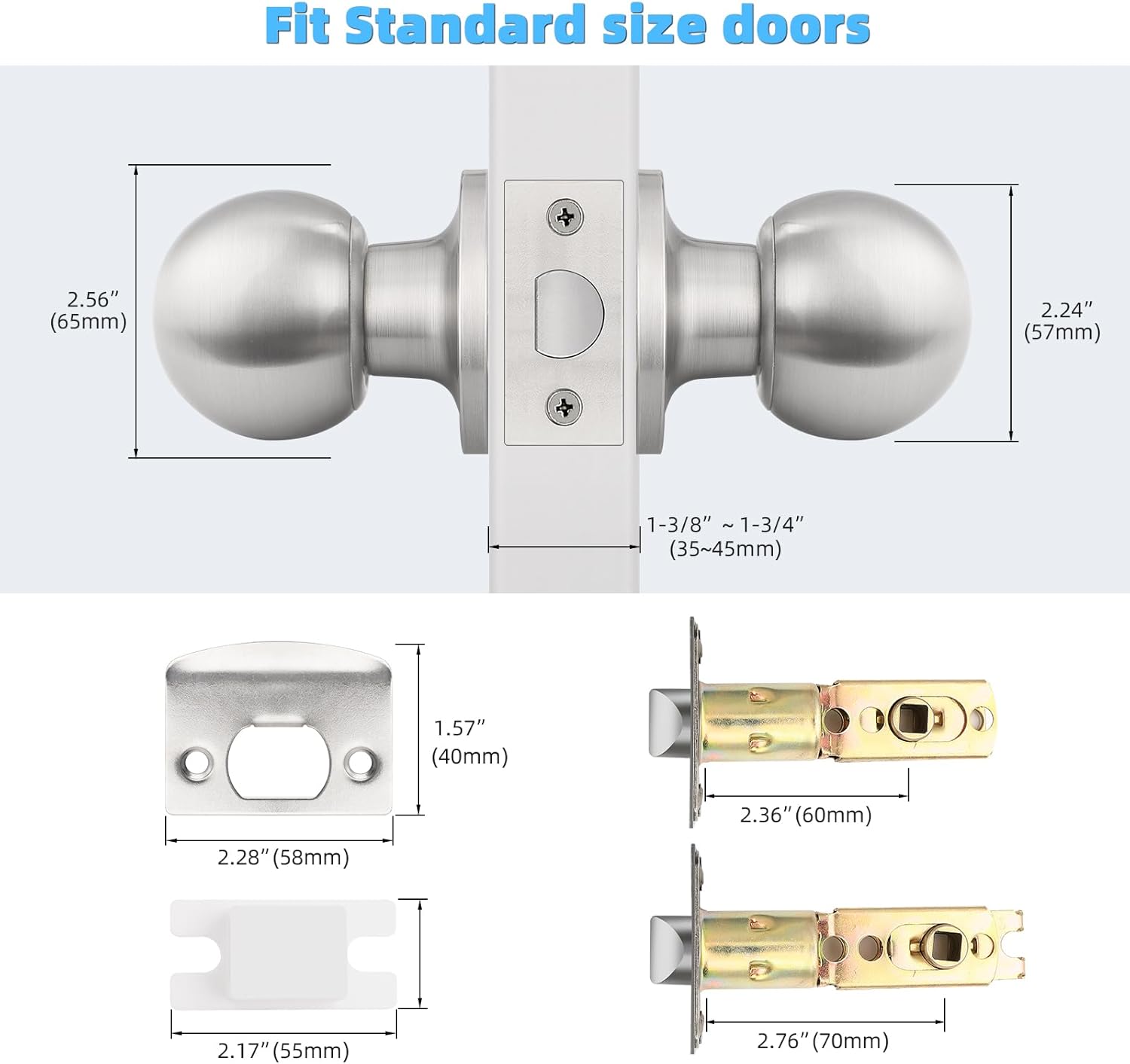 2 Pack Brushed Nickel Passage Door Knobs for Hallway Closets - Round Ball Shape, Keyless Satin Nickel Interior Knobs