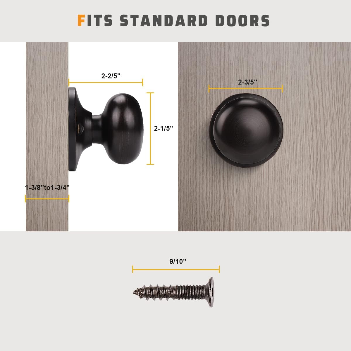 2 Pack Classic Style Dummy Door Knob, Single Side, Oil Rubbed Bronze, Easy Install