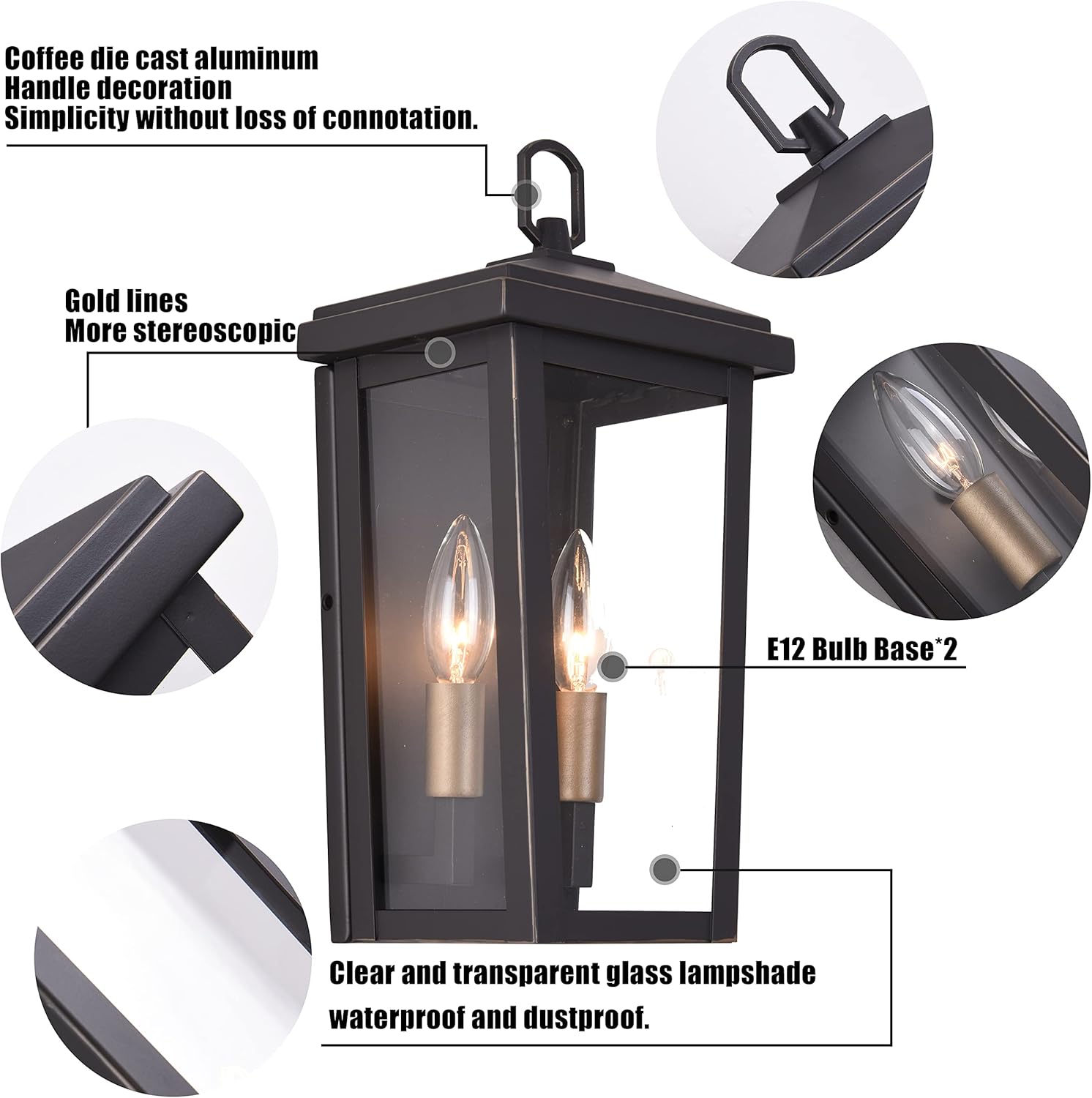 2 Pack Coffee Garage Wall Sconce with Tempered Glass Lampshade - Waterproof Outdoor Wall Lights for House Patio, Porch, and Balcony