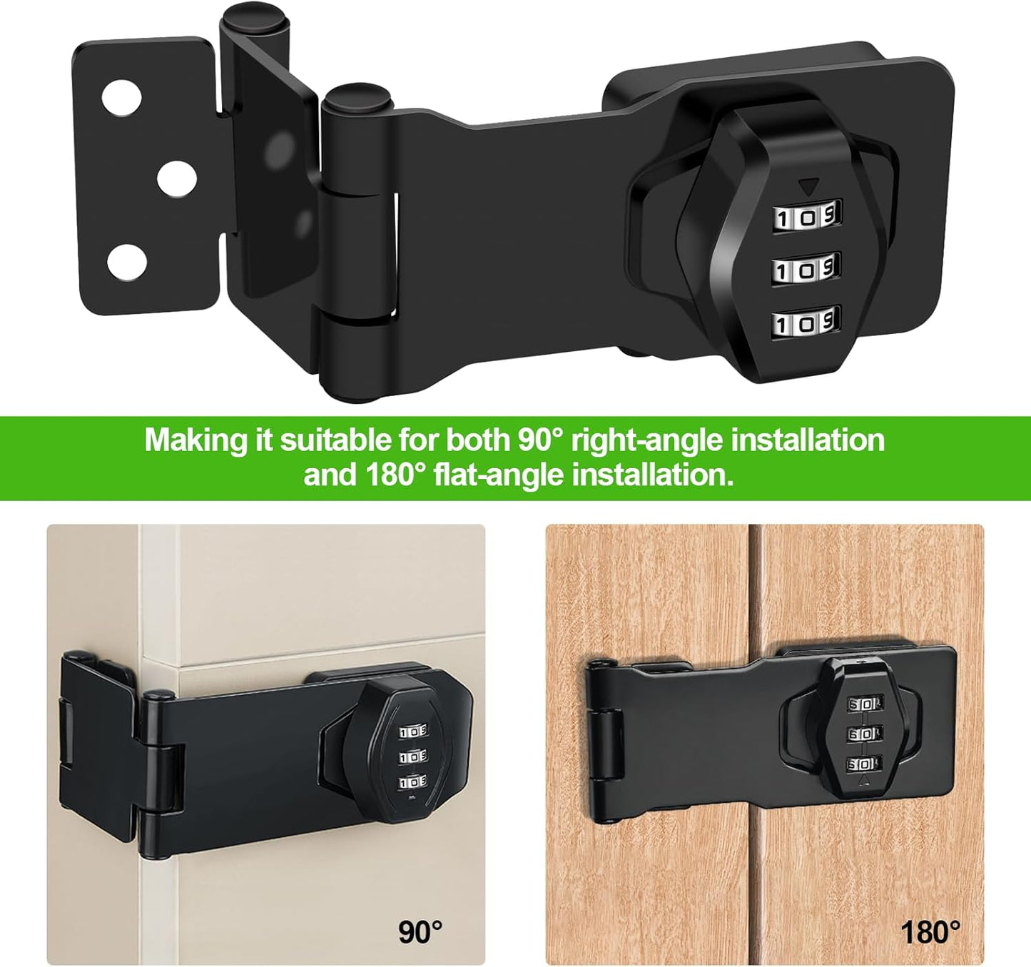 2 Pack Collapsible Stainless Steel Rotary Hasp Locks for File Cabinets, Drawers, Doors - 90° and 180° Rotation - Black