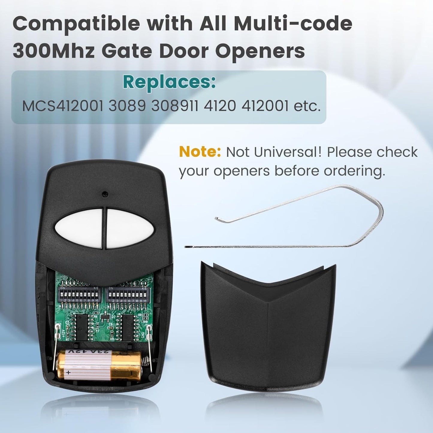 2-Pack Cooouds MCS412001 2-Channel Multi-Code Gate Remote Control 300Mhz for 4120 Garage Door Opener - Replaces 3089 308911 - 10 Code Transmitter - 300Mhz