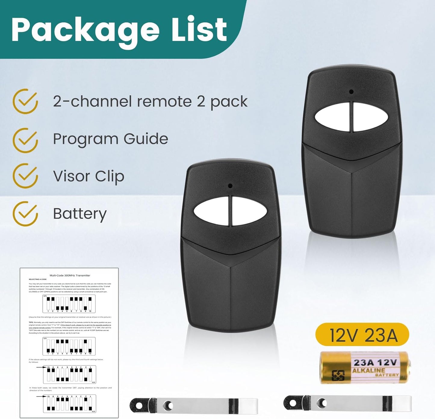 2-Pack Cooouds MCS412001 2-Channel Multi-Code Gate Remote Control 300Mhz for 4120 Garage Door Opener - Replaces 3089 308911 - 10 Code Transmitter - 300Mhz
