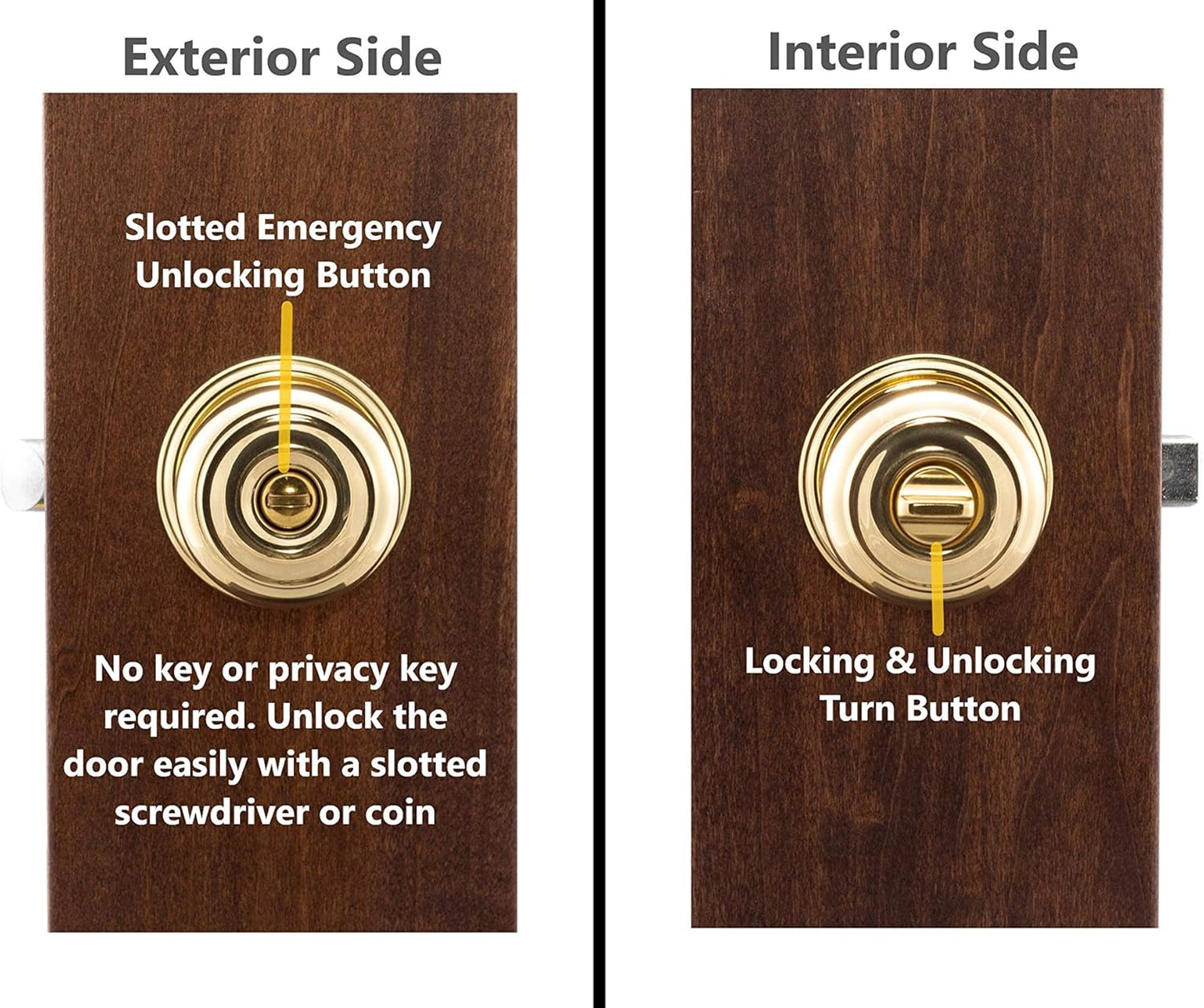 2 Pack Copper Creek CK2030PB Colonial Privacy Door Knobs in Polished Brass Finish