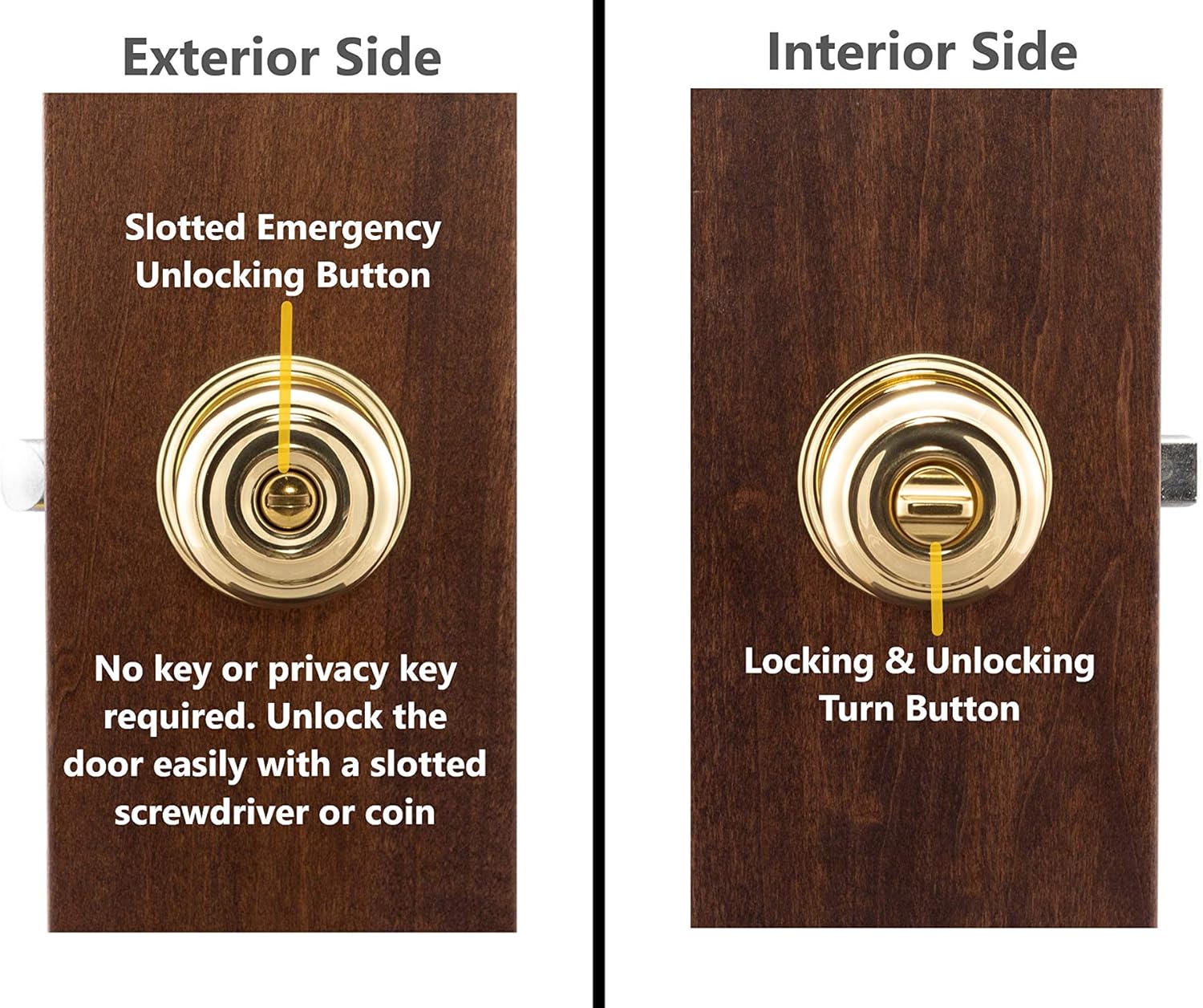 2 Pack Copper Creek CK2030PB Colonial Privacy Door Knobs in Polished Brass Finish