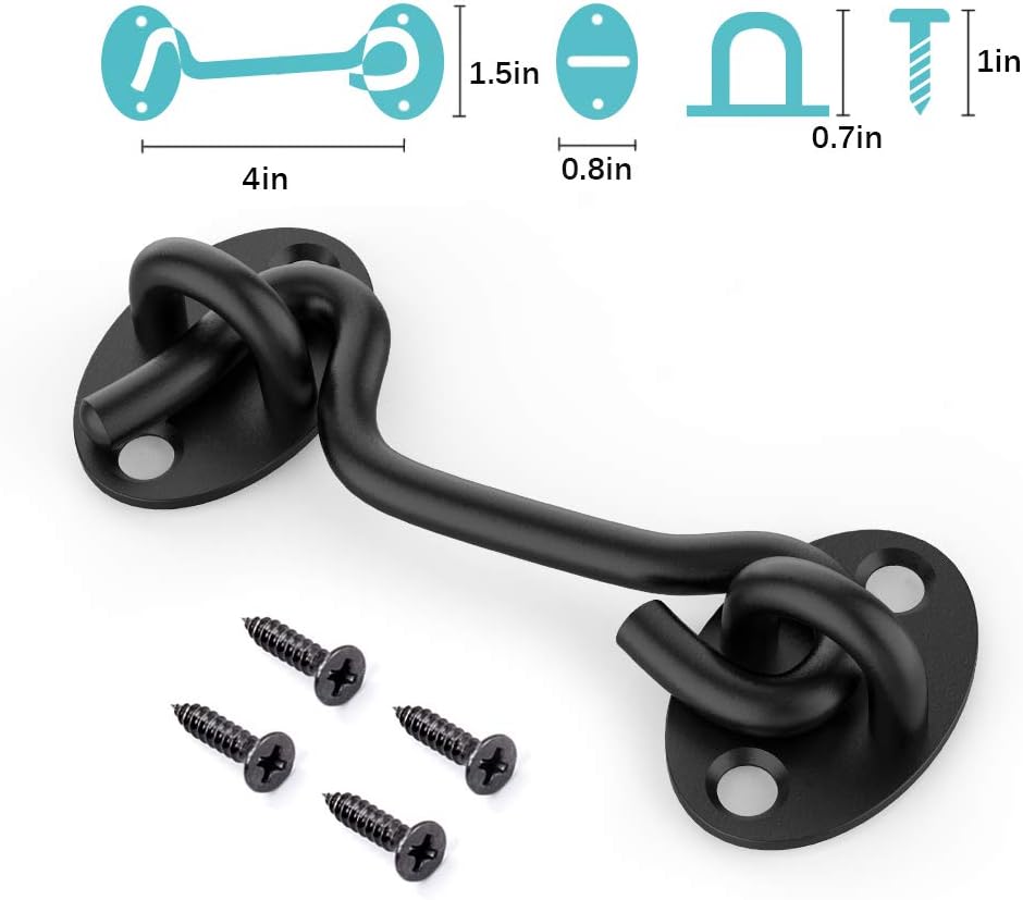 2 Pack CRANACH Barn Door Lock Gate Latch - Heavy Duty 4 Inch Black Hook and Eye Latch for Sliding Doors, Windows, Cabinets, and More