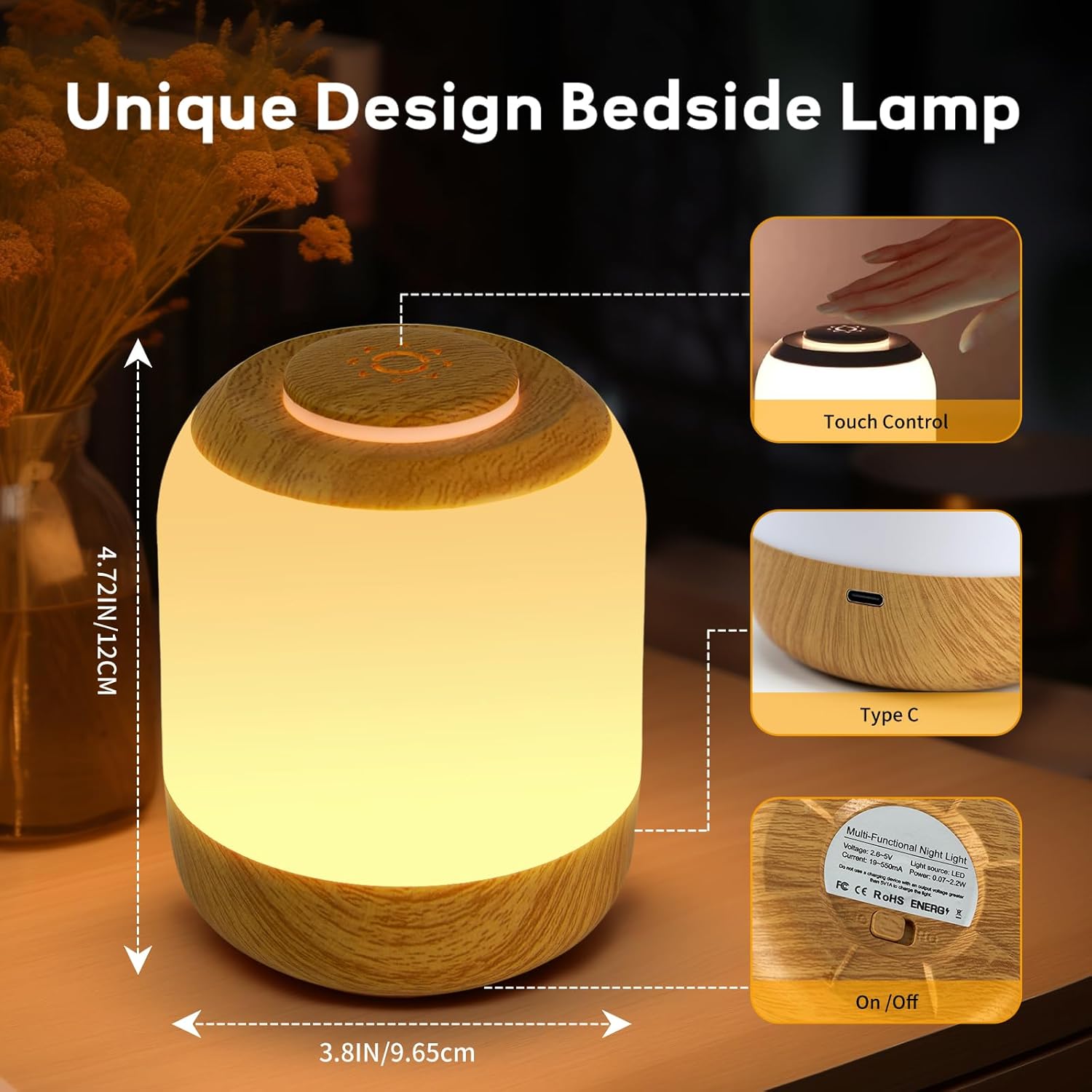 2-Pack Deogos Soft Night Light for Baby, Kids, and Adults - Touch Lamp with 3 Colors, Dimmable, USB Rechargeable - Cute Bedside Lamp for Bedrooms and Baby Nursery