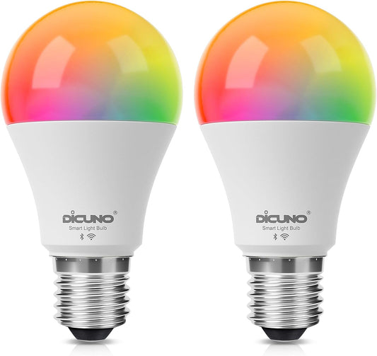 2 Pack DiCUNO Smart Wi-Fi Bluetooth LED Light Bulbs, Multi Colors Changing RGBCW Dimmable, Works with Alexa & Home Assistant, No Hub Needed, A19 E26 9W 800LM 2.4Ghz