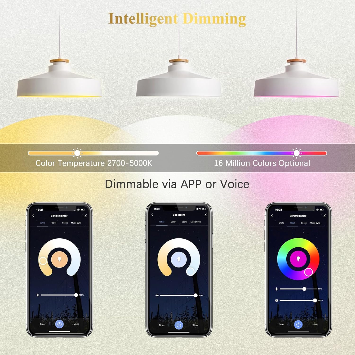 2 Pack DiCUNO Smart Wi-Fi Bluetooth LED Light Bulbs, Multi Colors Changing RGBCW Dimmable, Works with Alexa & Home Assistant, No Hub Needed, A19 E26 9W 800LM 2.4Ghz