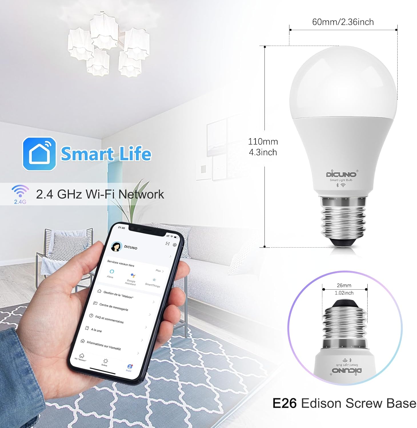 2 Pack DiCUNO Smart Wi-Fi Bluetooth LED Light Bulbs, Multi Colors Changing RGBCW Dimmable, Works with Alexa & Home Assistant, No Hub Needed, A19 E26 9W 800LM 2.4Ghz