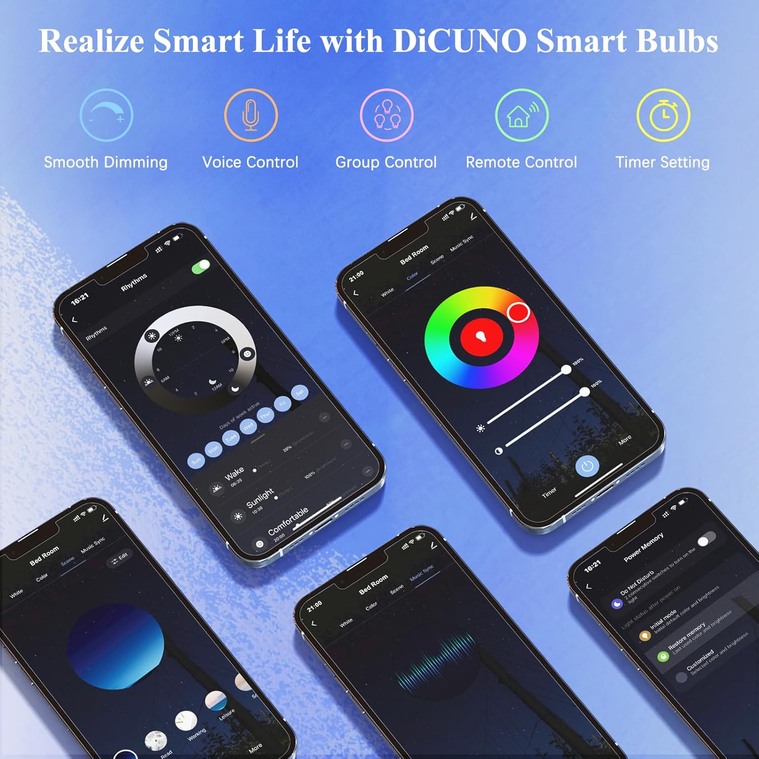 2 Pack DiCUNO Smart Wi-Fi Bluetooth LED Light Bulbs, Multi Colors Changing RGBCW Dimmable, Works with Alexa & Home Assistant, No Hub Needed, A19 E26 9W 800LM 2.4Ghz