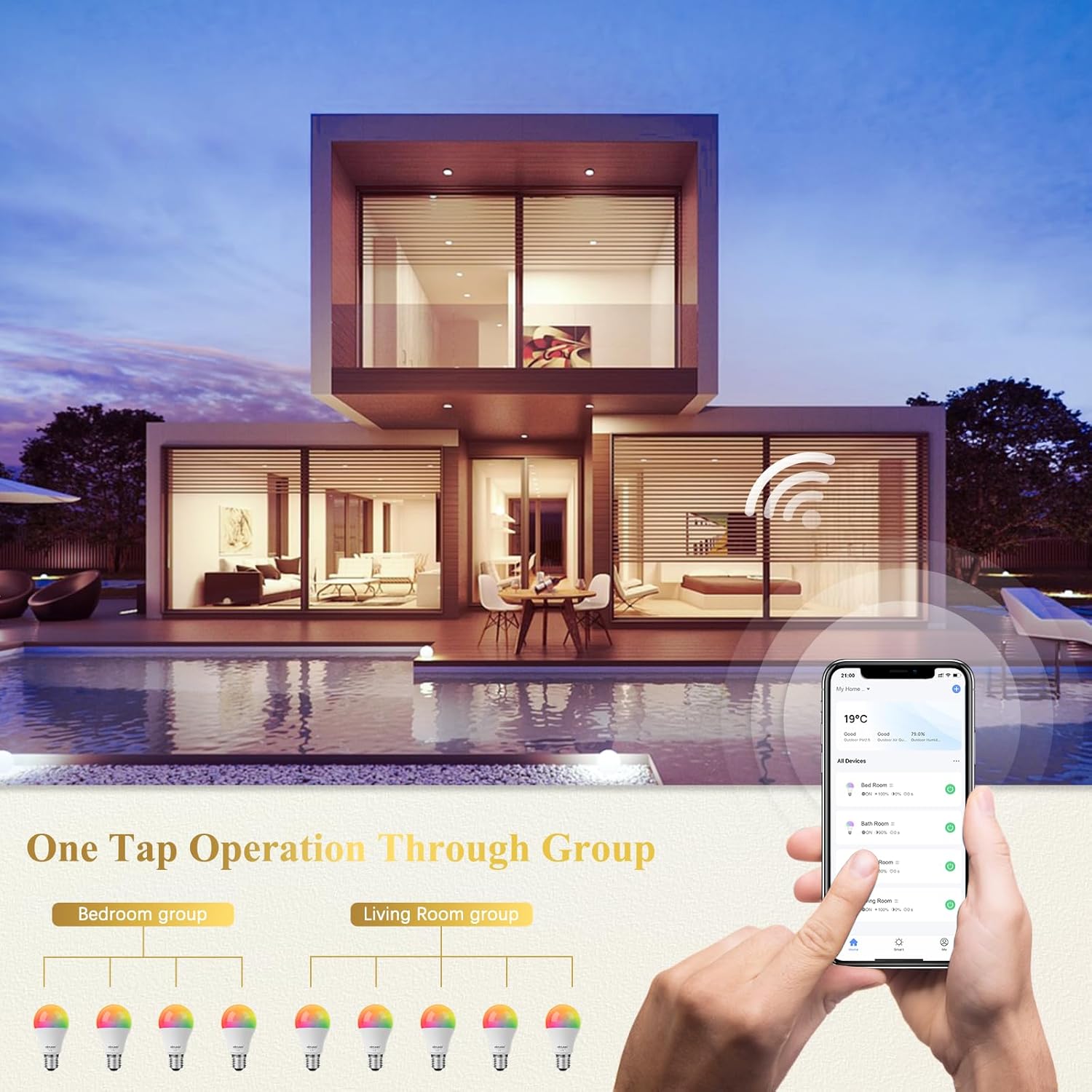 2 Pack DiCUNO Smart Wi-Fi Bluetooth LED Light Bulbs, Multi Colors Changing RGBCW Dimmable, Works with Alexa & Home Assistant, No Hub Needed, A19 E26 9W 800LM 2.4Ghz