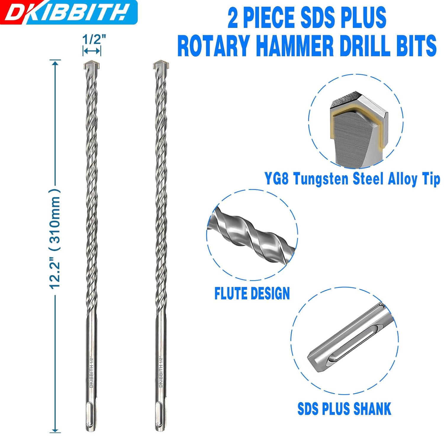 2-Pack DKIBBITH 1/2" x 12" Long Rotary Hammer Drill Bits for Concrete Brick Cement Stone Block