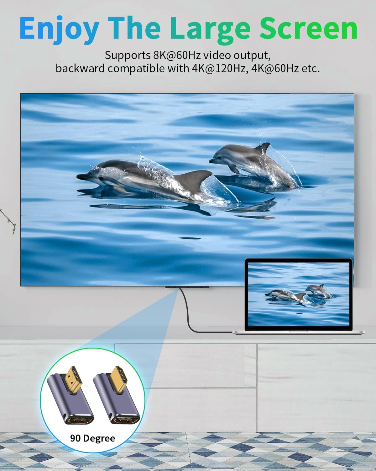 2 Pack Duttek 8K 90 Degree HDMI Adapter, Male to Female Extender Connector for HDTVs, PC, Laptop - 48Gbps, UHD HDMI 2.1, 8K@60Hz, 4K@120Hz