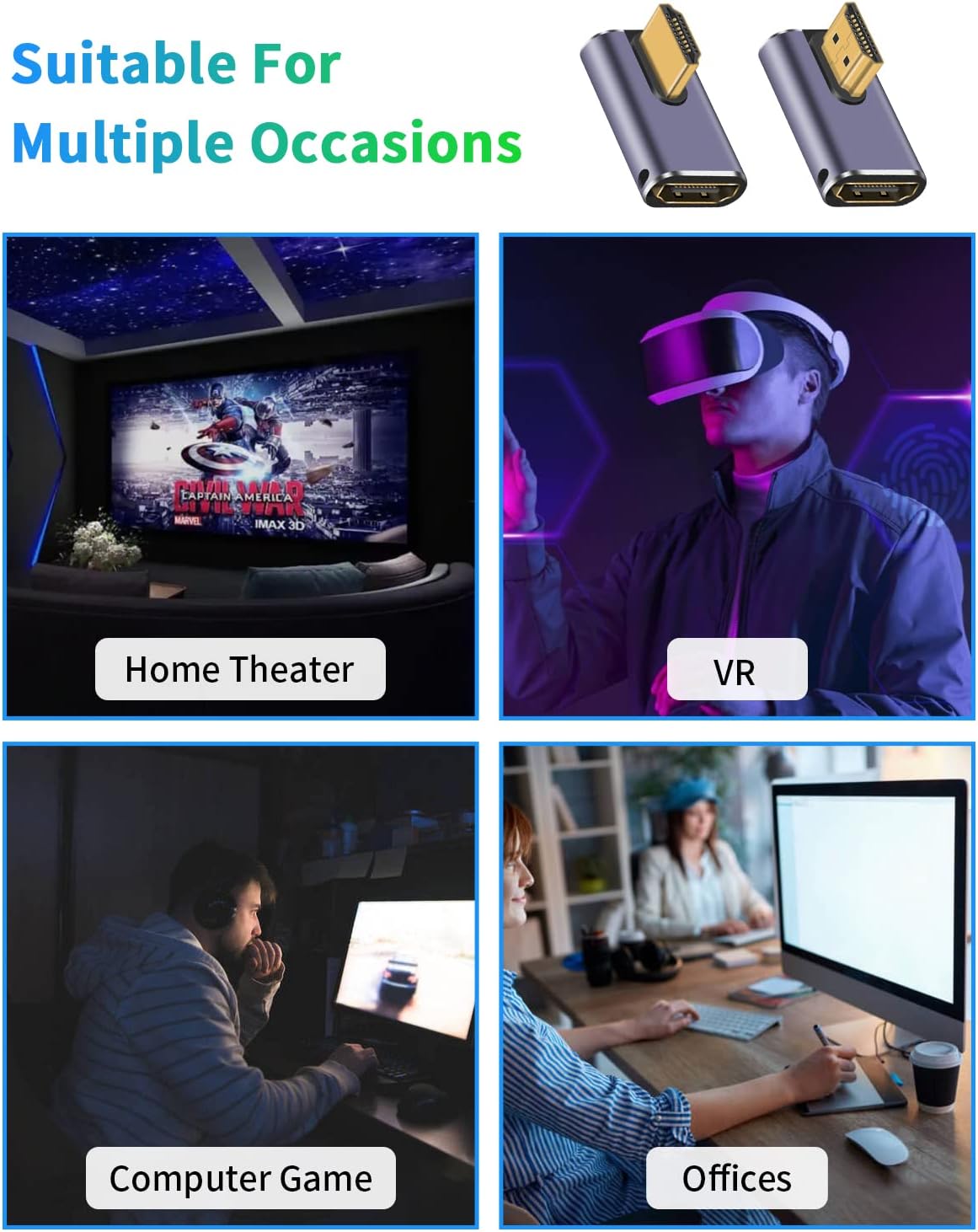 2 Pack Duttek 8K 90 Degree HDMI Adapter, Male to Female Extender Connector for HDTVs, PC, Laptop - 48Gbps, UHD HDMI 2.1, 8K@60Hz, 4K@120Hz