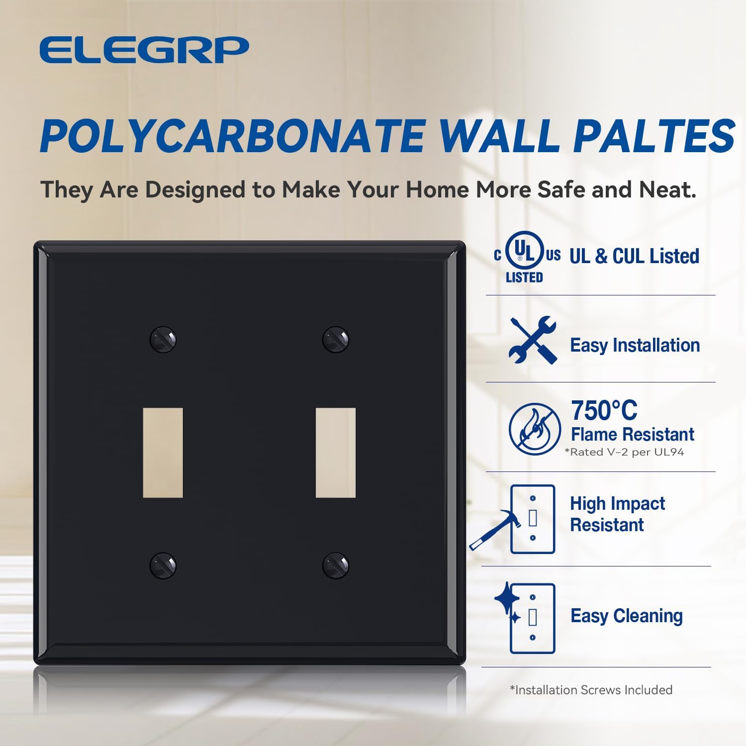 2-Pack ELEGRP 2-Gang Toggle Switch Wall Plates, 4.53" x 4.57" Unbreakable Thermoplastic Cover, Glossy Black, UL Listed